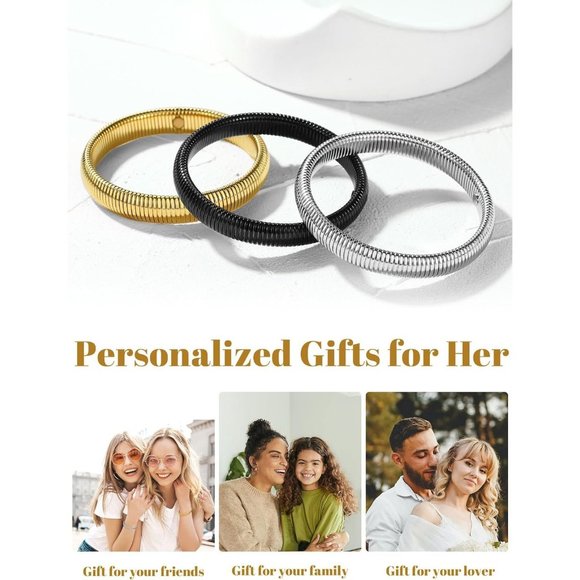 Women Gold Stainless Steel Stretch Flexible Wide Wristband Bangle Chain Bracelet - Picture 9 of 9